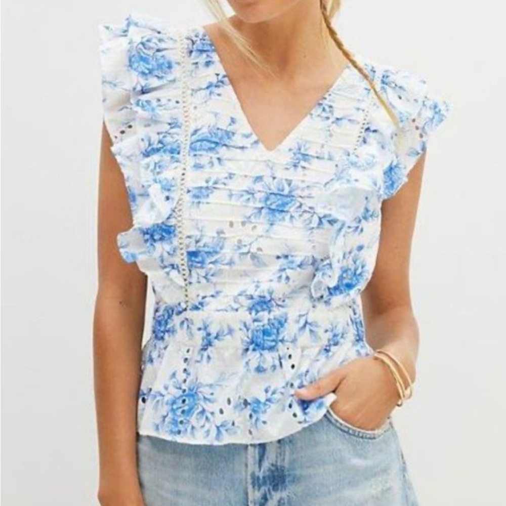 Anthropologie Forever That Girl Blue White Floral Peplum Blouse 12